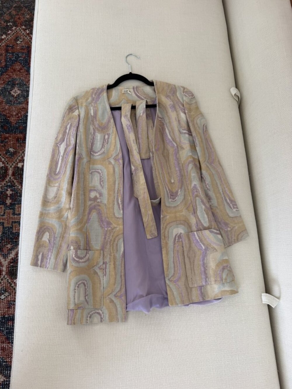 VINTAGE Marbled Print Linen Blazer Beige Lavender Cream Patch Pockets Lined
